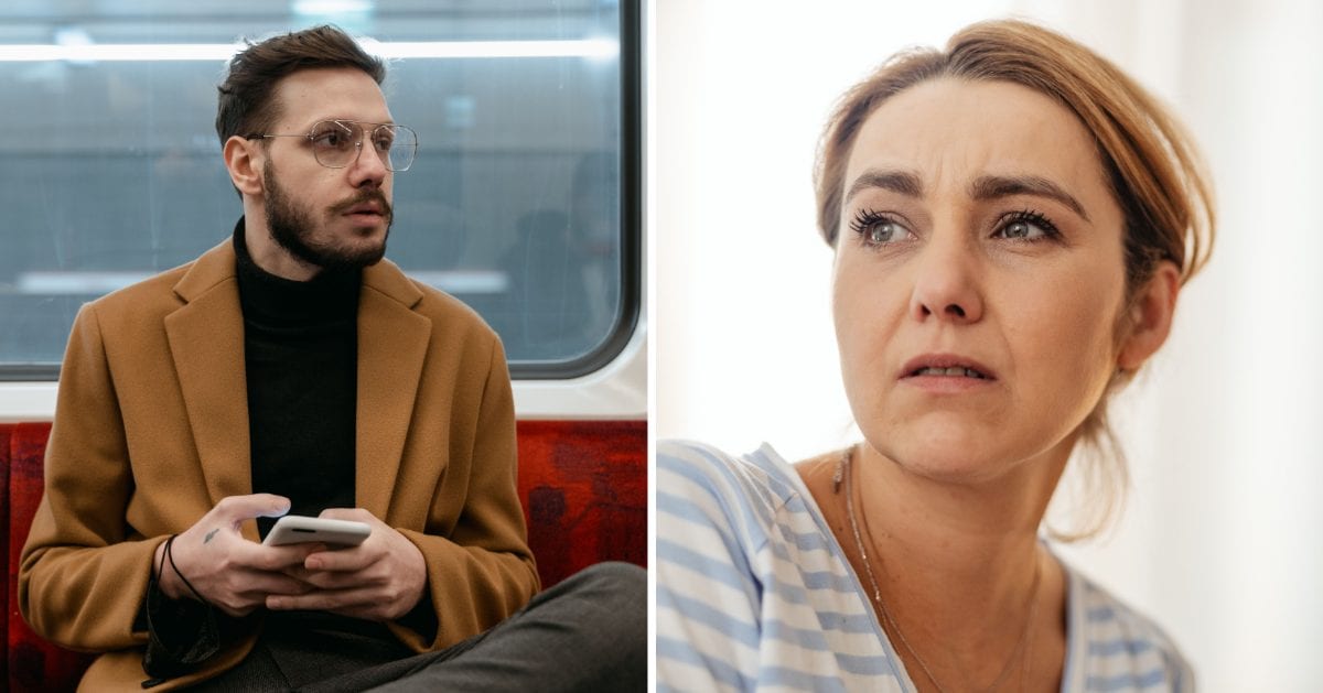(L) Man sitting in subway. (R) Woman stunned. (Representative Cover Image Source: Pexels | (L) MART PRODUCTION, (R) Kaboompics)