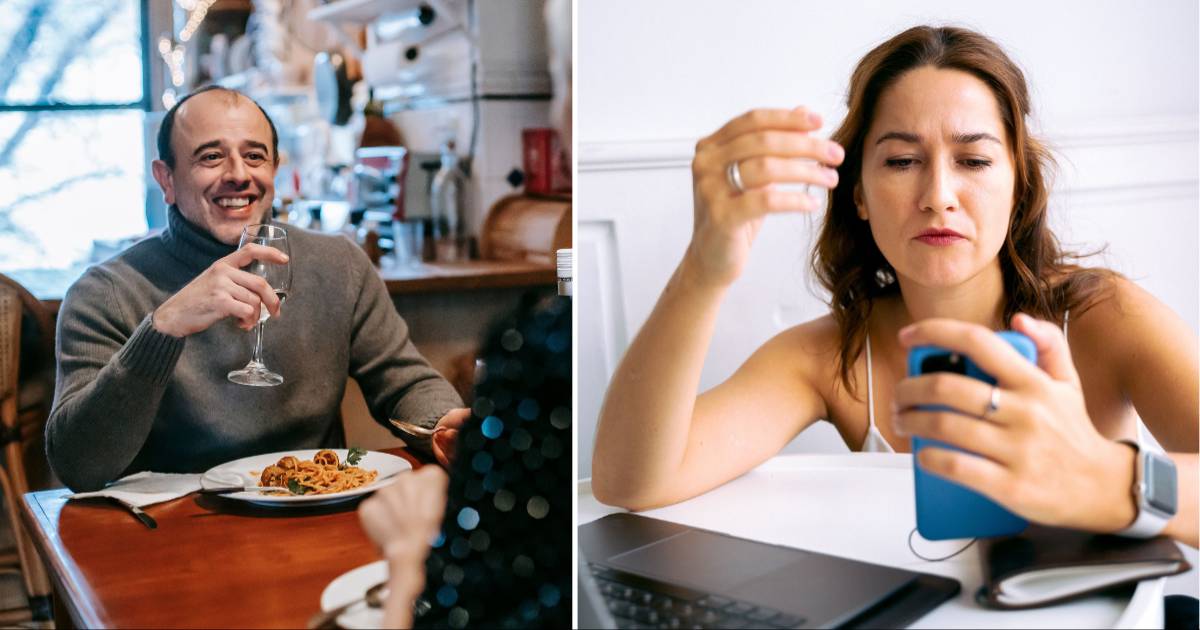 (L)A man smiling on a date. (R) A woman looking stunned while reading a text. (Representative Cover Image Source: Pexels | (L) Gary Barnes, (R) Anna Tarazevich)