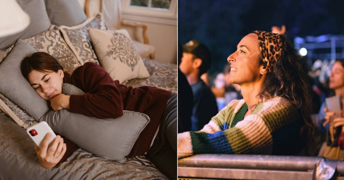 (L) An emotional woman on her phone in bed. (R) A woman smiles at a concert. (Representative Cover Image Source: Pexels| L - RDNE Stock Project, R - Nolandlive)