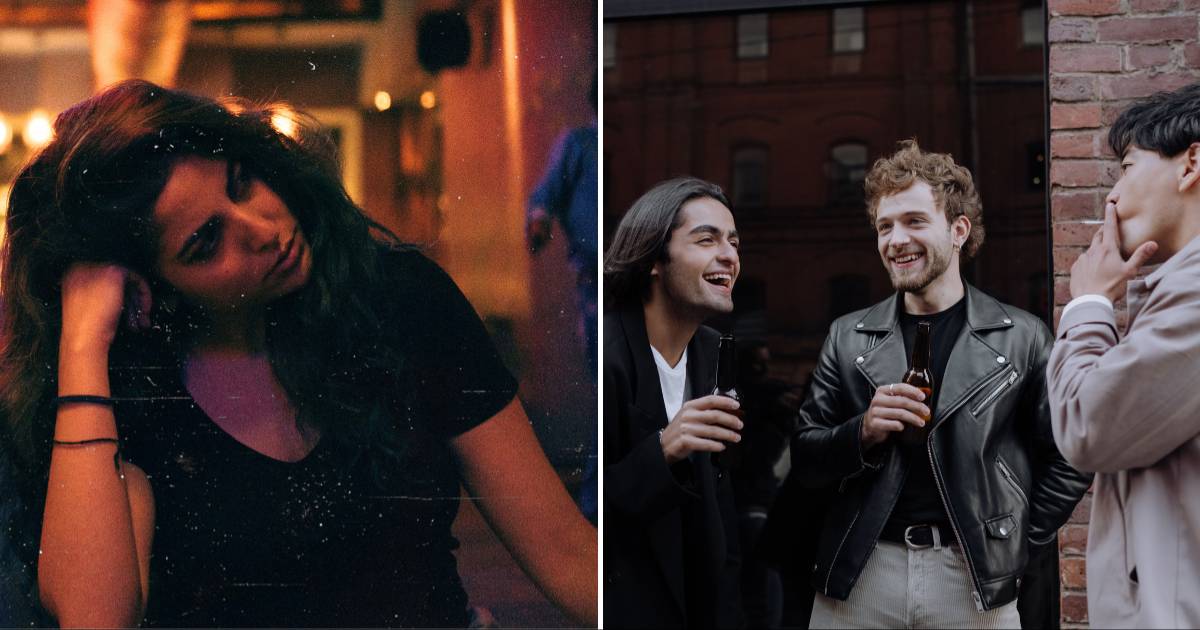 (L) A woman at a bar drunk and zoned out. (R) Three men outside a bar chitchatting. (Representative Cover Image Source: Pexels | (L)  Prateek Katyal, (R) cottonbro studio)