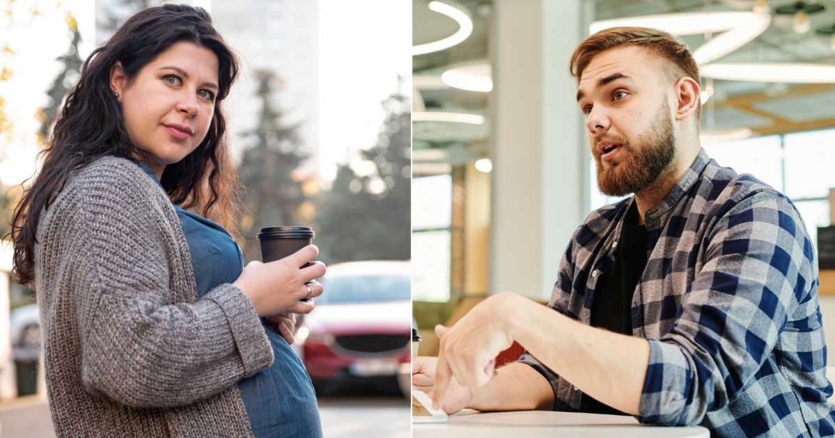 (L) A pregnant woman having coffee and looking at someone. (R) A man at a restaurant speaking. (Representative Cover Image Source: L - Magnific, R - Pexels| Henri Matheu)