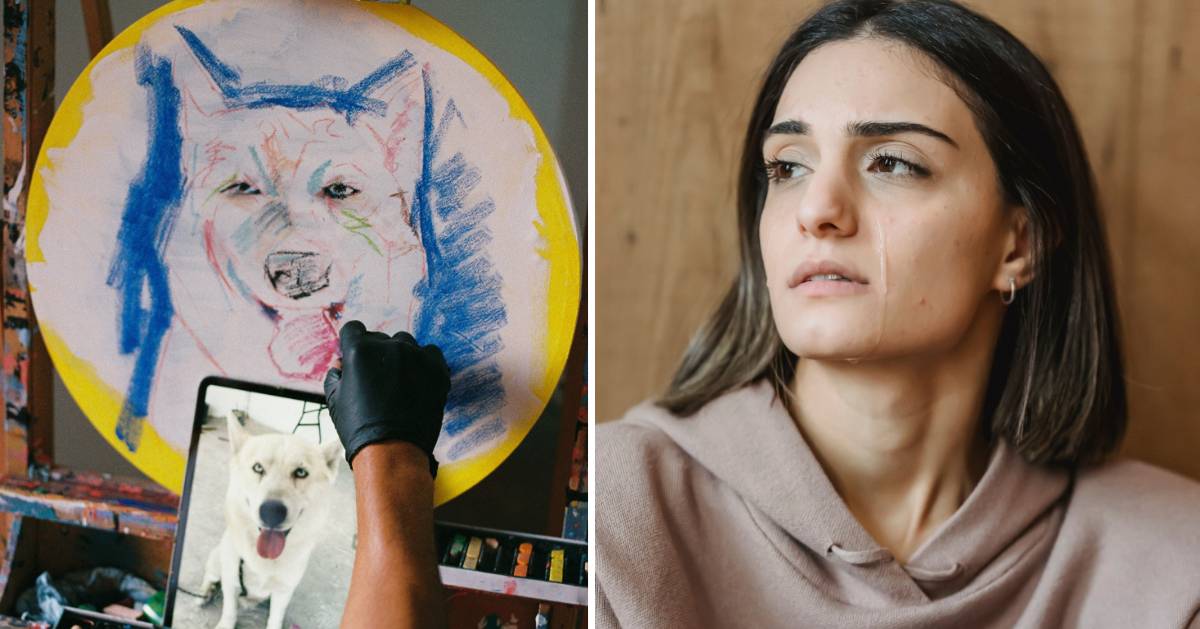 (L) Dog portrait. (R) Young woman crying. (Representative Cover Image Source: Pexels | (L) Ixchel Aguilar, (R) Liza Summer)