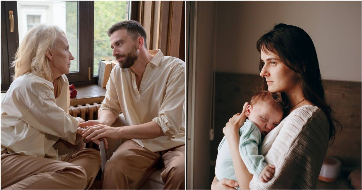 (L) Man talking to his mom. (R) A woman holding her infant, pondering something. (Representative Cover Image Source: Pexels| L - Ron Lach, R - Helena Lopes)