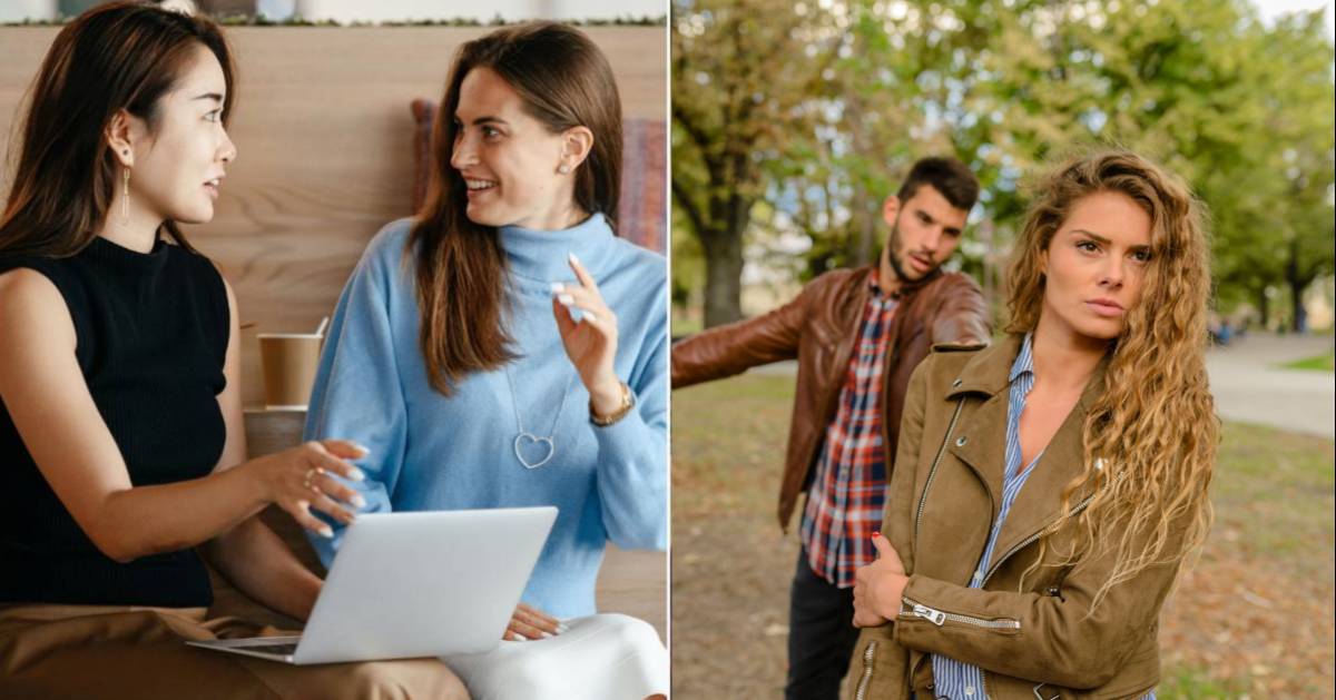 (L) Two women chatting. (R) A woman walking away from her partner. (Representative Cover Image Source: Pexels| L - Alexander Suhorucov, R - Vera Arsic)