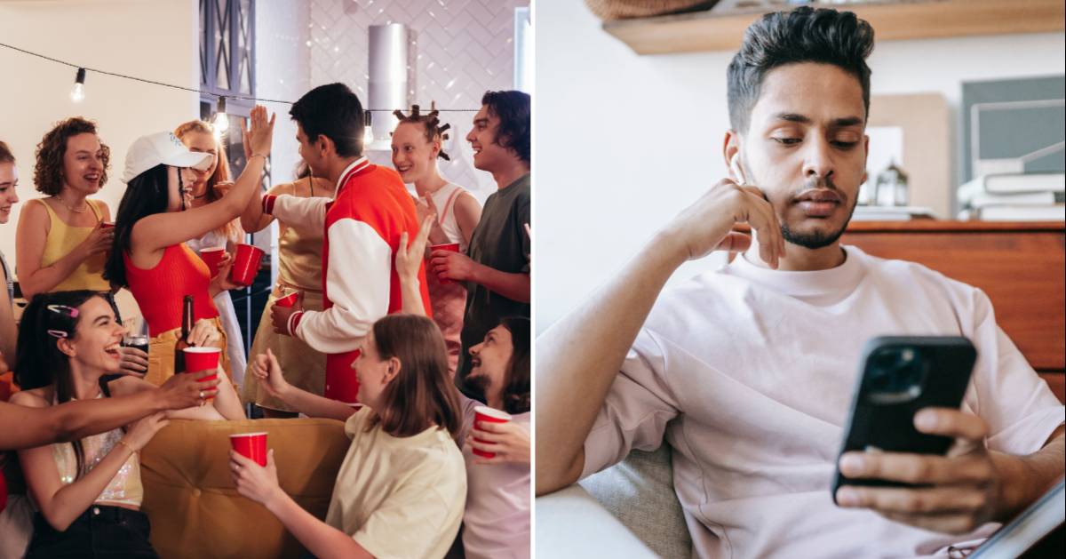 (L) Group of friends having a party. (R) A man looking at something on his phone in suspicion. (Representative Cover Image Source: Pexels | (L) cottonbro studio, (R) Michael Burrows)