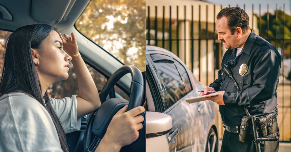 (L) A worried woman while driving. (R) A cop stops a motorist for violation. (Representative Cover Image Source: L - Magnific| pvproductions, R - Pexels| Kindel Media)