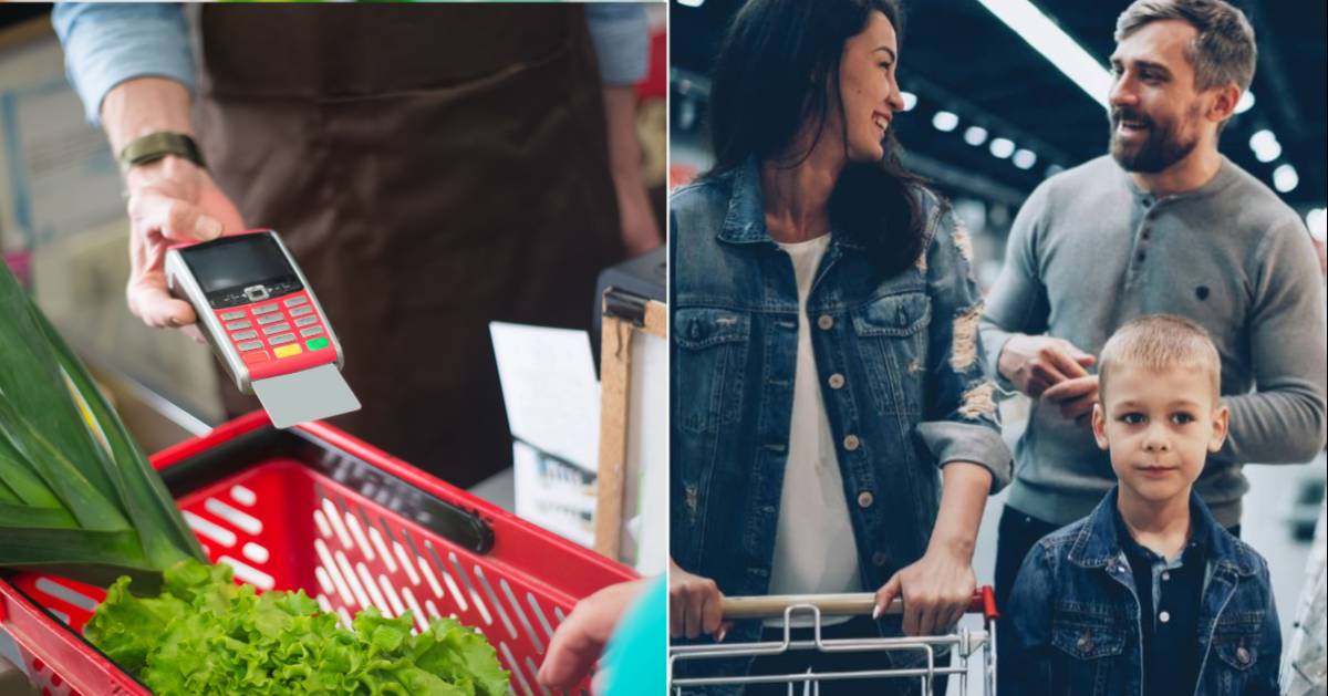 (L) Checkout counter of a grocery store. (R) A woman with her son at grocery store smiling at a man. (Representative Cover Image Source:(L) Pexels | Kampus Production, (R) Unsplash | Vitaly Garie)
