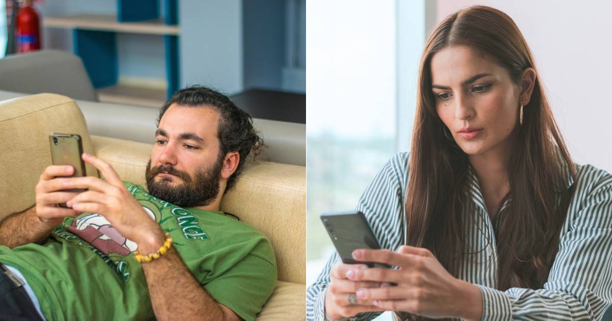 (L) A man texting on his phone. (R) A woman is stunned while reading a text on her phone. (Representative Cover Image Source: Pexels| L - Mahmoud Yahyaoui, R - Cristian Rojas