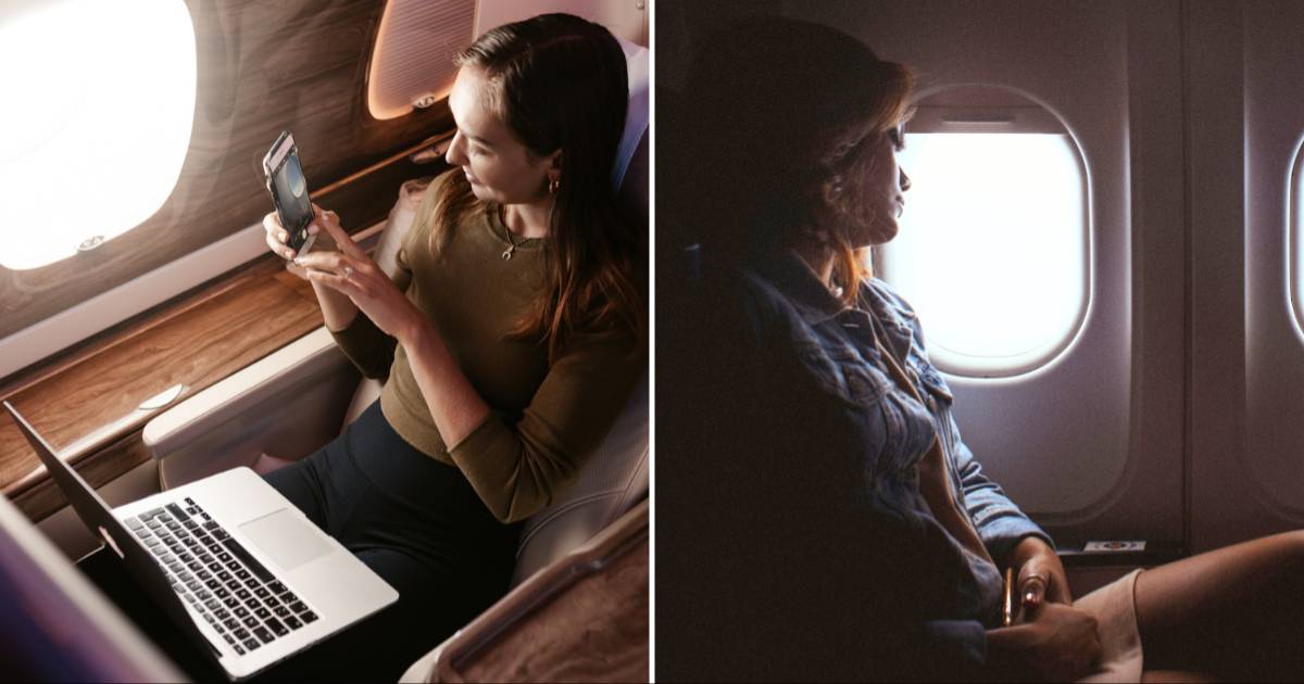 (L) A woman on flight clicking a picture of the sky with her laptop on food tray. (R) A woman looking tired trying to sleep on. (Representative Cover Image Source: Unsplash | (L) Christina Spoerer, (R) ActionVance)