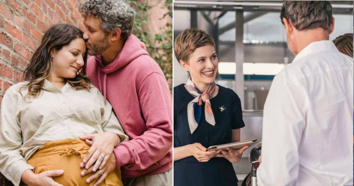 (L) Man with pregnant wife. (R) Flight attendant talking to a couple. (Representative Cover Image Source: (L) Pexels | Amina Filkins, (R) Getty Images| westend61)