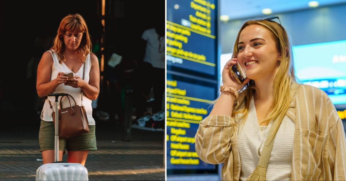 (L) Woman with a suitcase nervously checking her phone. (R) Woman talking to someone on phone at the airport. (Representative Cover Image Source: (L) Pexels | Sofía Marquet, (R) Unsplash | Holiday Extras)