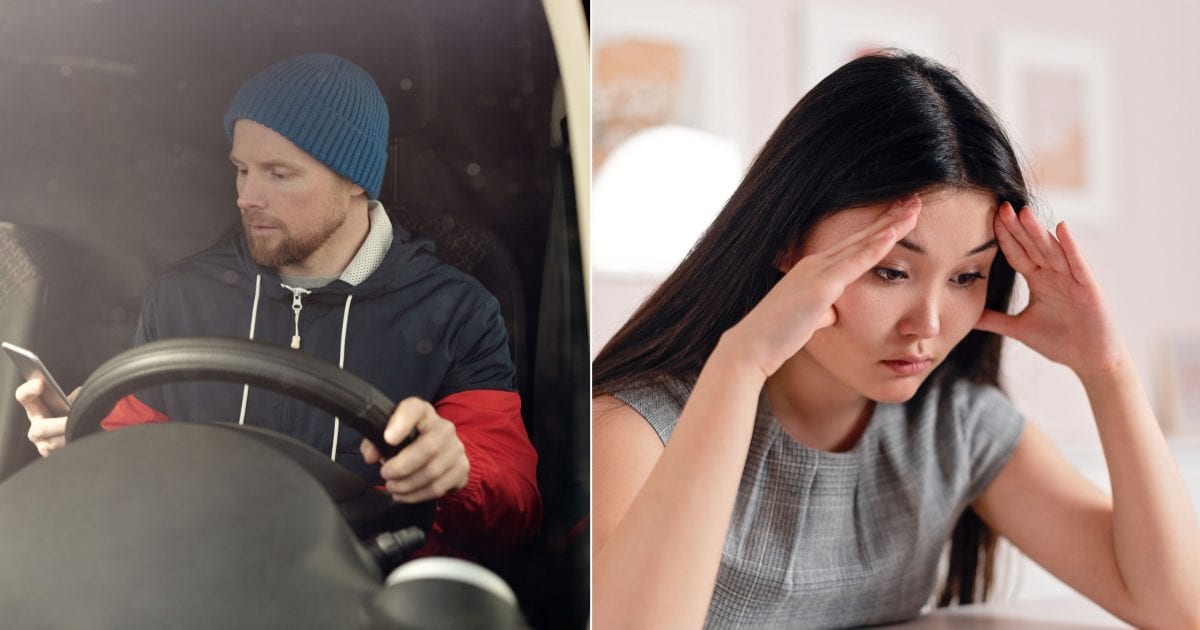(L) A driver checking his phone. (R) A woman looks stressed and scared. (Representative Cover Image Source: Pexels| L - Norma Mortenson, R - Mikahil Nilov)