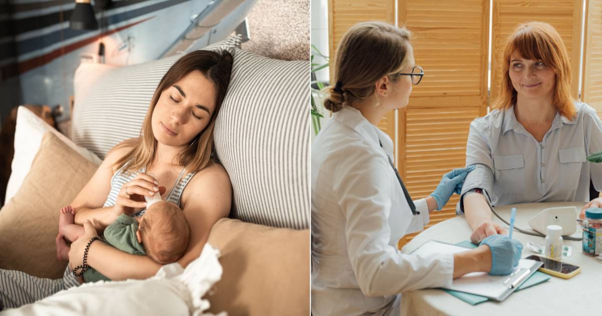 (L) An exhausted mom falling asleep while feeding baby. (R) A woman speaking with a doctor. (Representative Cover Image Source: Pexels| L - RDNE Stock Project, R - Shkraba Anthony)
