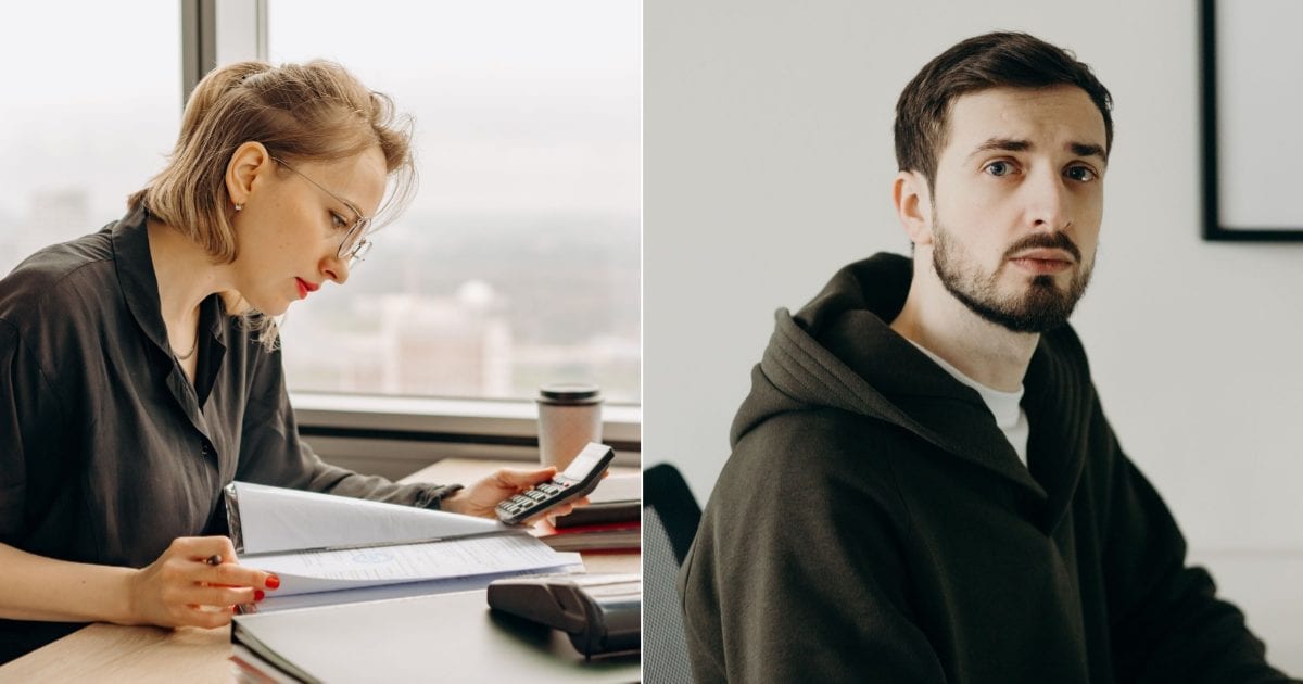 (L) A woman is checking finances and looking confused. (R) A man looks disappointed and defensive. (Representative Cover Image Source: Pexels| L - Mikhail Nilov, R - cottonbro studio)