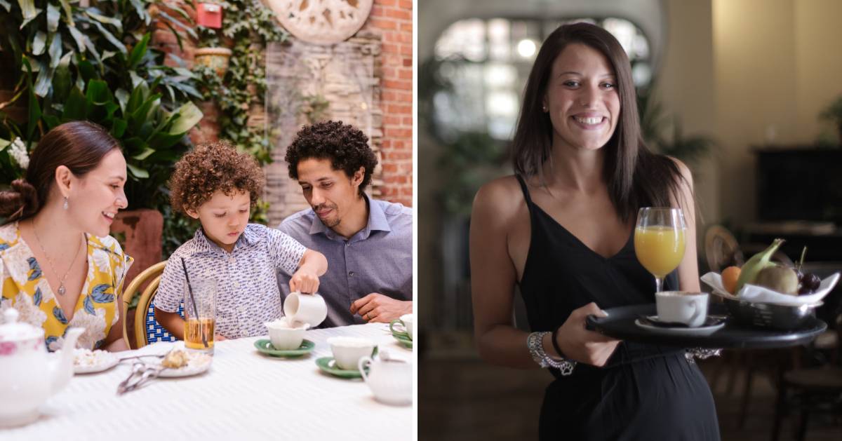 (L) Family dining together. (R) Waitress carrying food. (Representative Cover Image Source: Pexels | (L) RDNE Stock project, (R) Andrea Piacquadio)