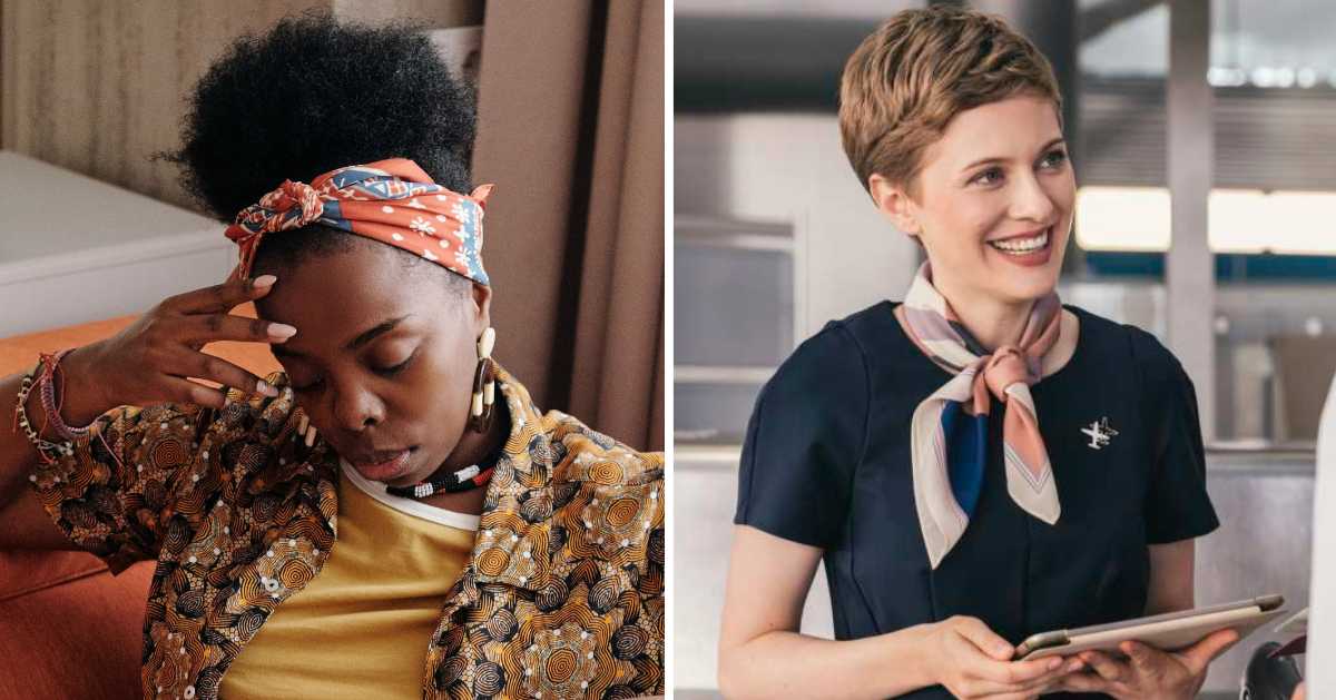 (L) Stressed woman. (R) Airport staff smiling. (Representative Cover Image Source: Pexels, Getty Images | (L) Diva Plavalaguna (R) westend61)