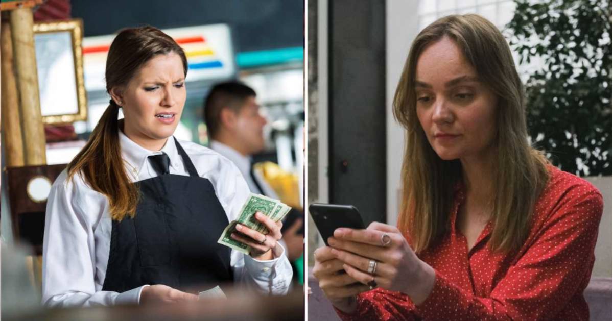 (L) A waitress looks confused holding a tip. (R) A woman reading something on her phone with eyebrows frowned. (Representative Cover Image Source: (L) Getty Images | Photo by SDI Production, (R) Pexels | Anna Shvets)
