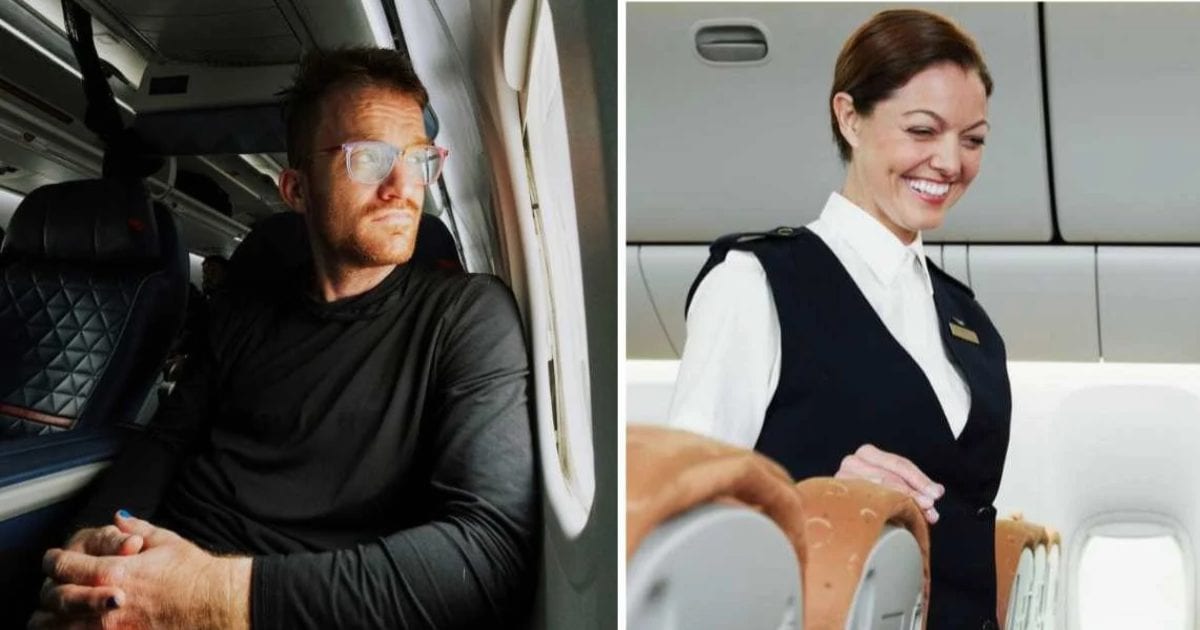 (L) A tall man looks uncomfortable in a plane. (R) A flight attendant speaking with a passenger, (Representative Cover Image Source; L - Pexels K, R - Getty Images| Thomas Barwick)