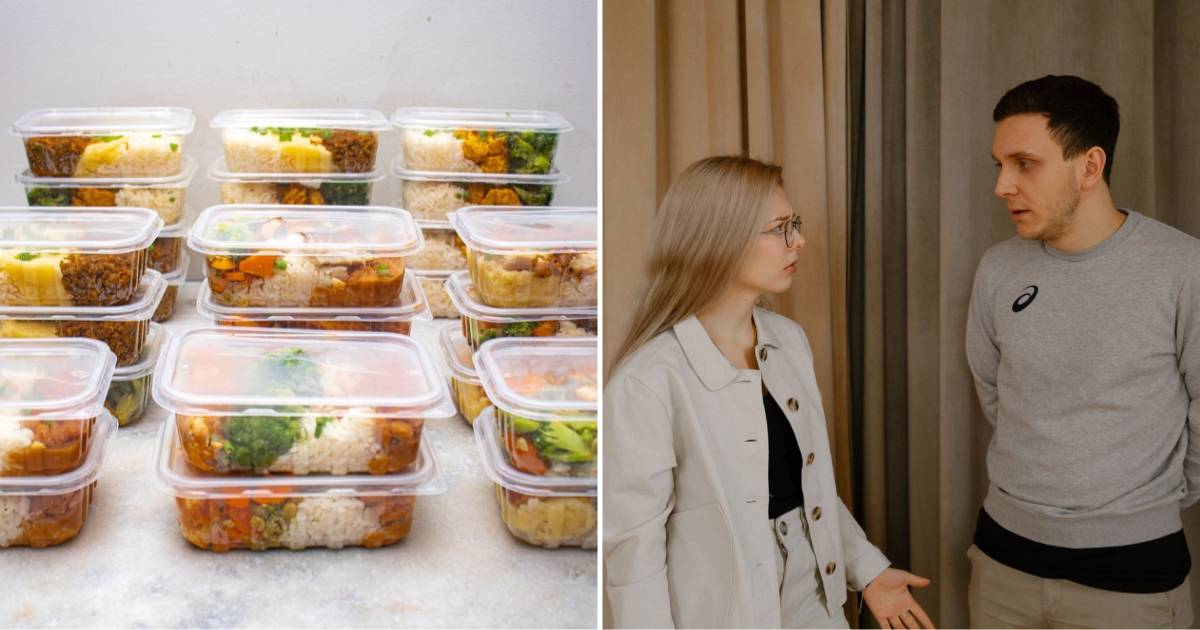 (L) Meal prep boxes in a fridge. (R) A couple arguing. (Representative Cover Image Source: Pexels | (L) Polina Zimmerman, (R) IARA MELO)
