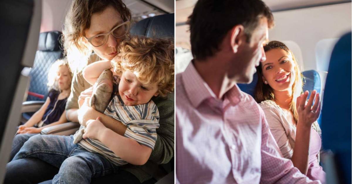 (L) Mom with her fussy child on plane. (R) Man and woman chatting. (Representative Cover Image Source: Getty Images | (L) Ryan JLane, (R) Photo by BraunS)