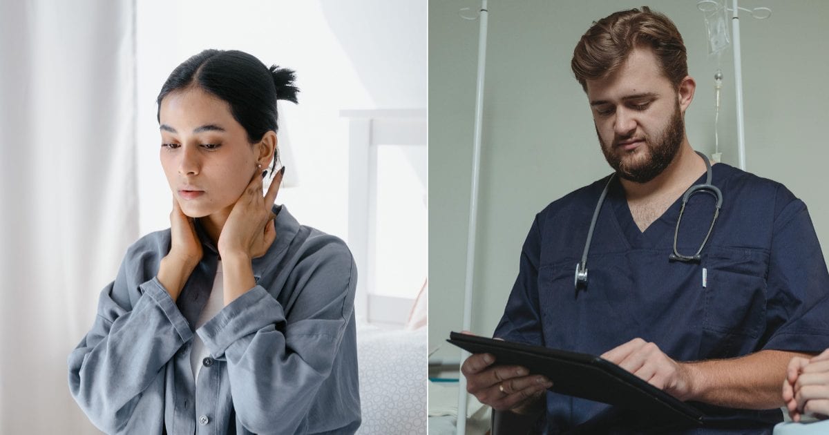 (L) Woman checking her neck and chest while looking uneasy. (R) A doctor looking at a patient's reports. (Representative Cover Image Source: Pexels| L - Mart Production, R - Tima Miroshnichenko)