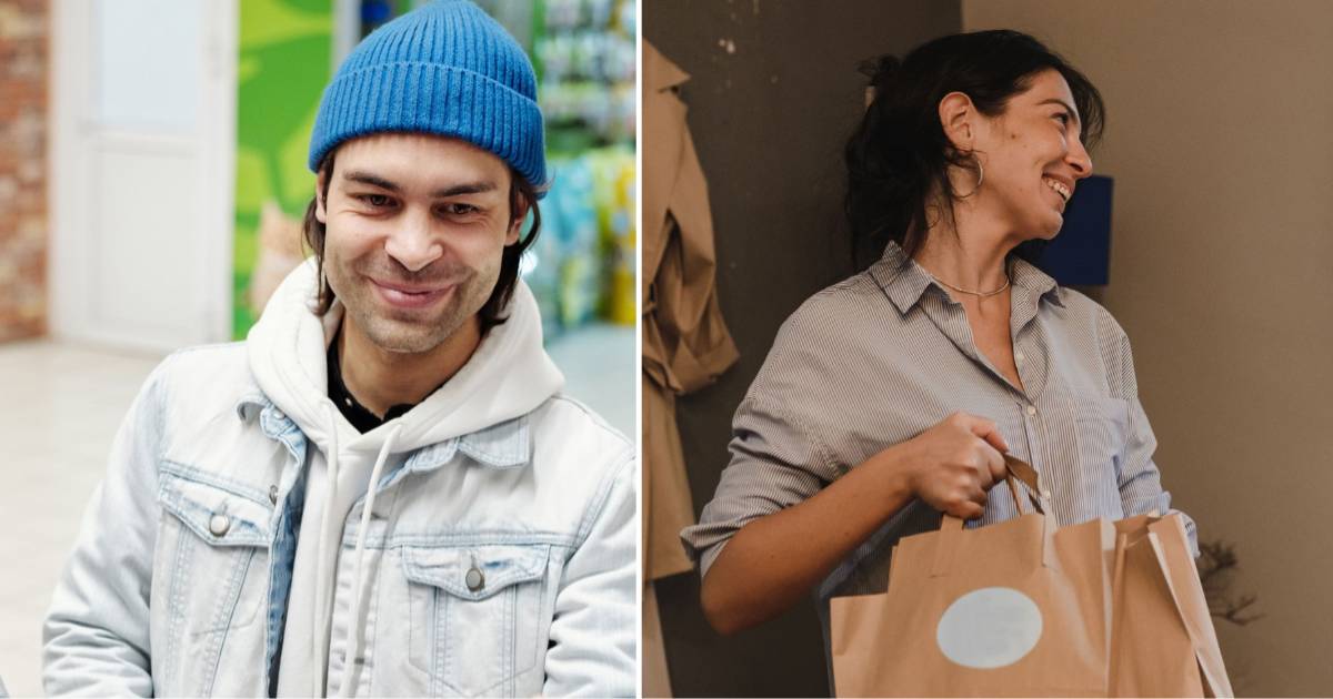 (L) A man at a grocery smiling at the billing counter. (R) A woman smiling while taking her shopping bags. (Representative Cover Image Source: Pexels | (L) Jack Sparrow, (R) Arina Krasnikova)