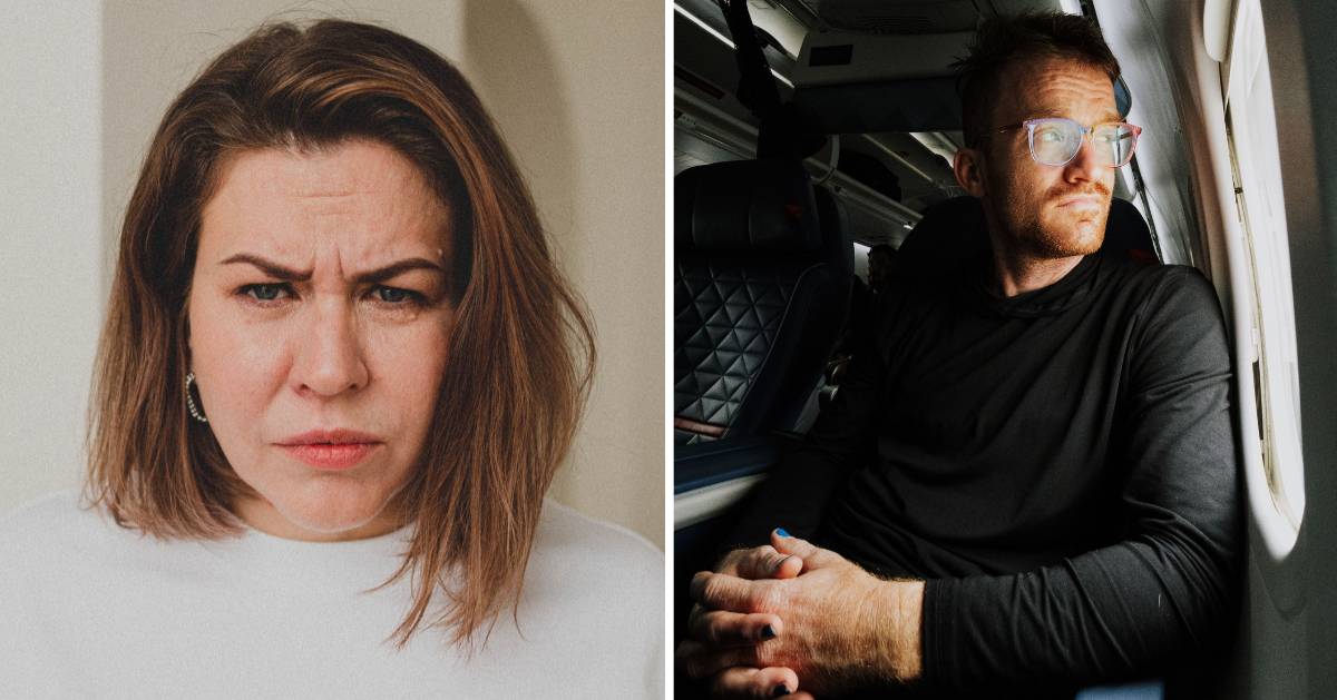 (L) Annoyed woman. (R) Man sitting in plane. (Representative Cover Image Source: Pexels | (L) Yulia Polyakova, (R) K)