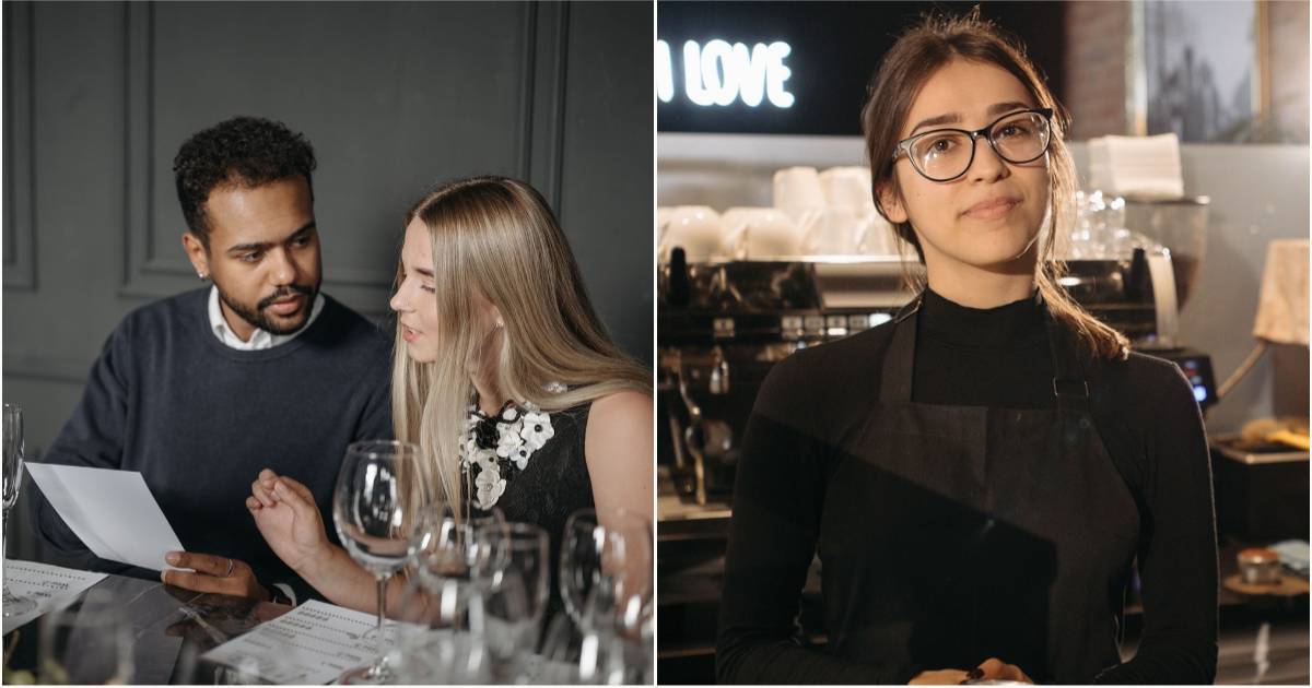 (L) A couple reading a menu at a restaurant. (R) A waitress smirking. (Representative Cover Image Source: Pexels| L,R - Pavel Danilyuk)