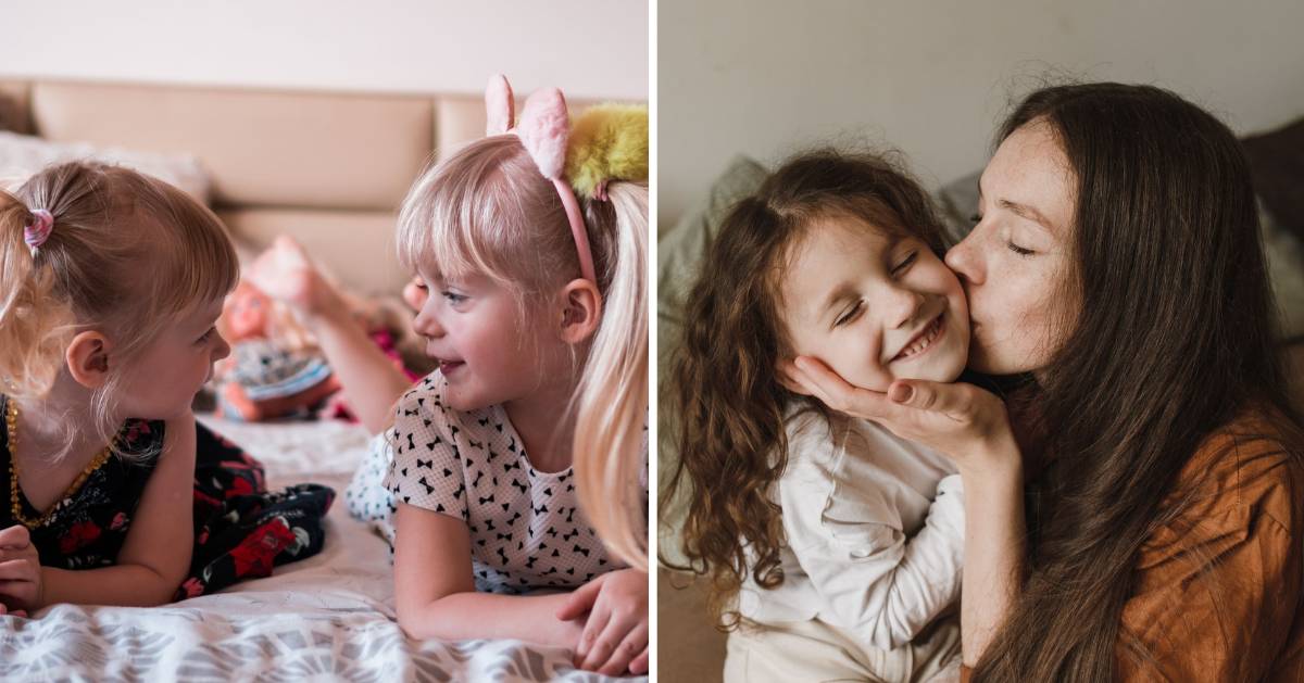 (L) Two little girls talking. (R) Mom kissing daughter. (Representative Cover Image Source: Pexels | (L) Monika Balciuniene, (R) Arina Krasnikova)