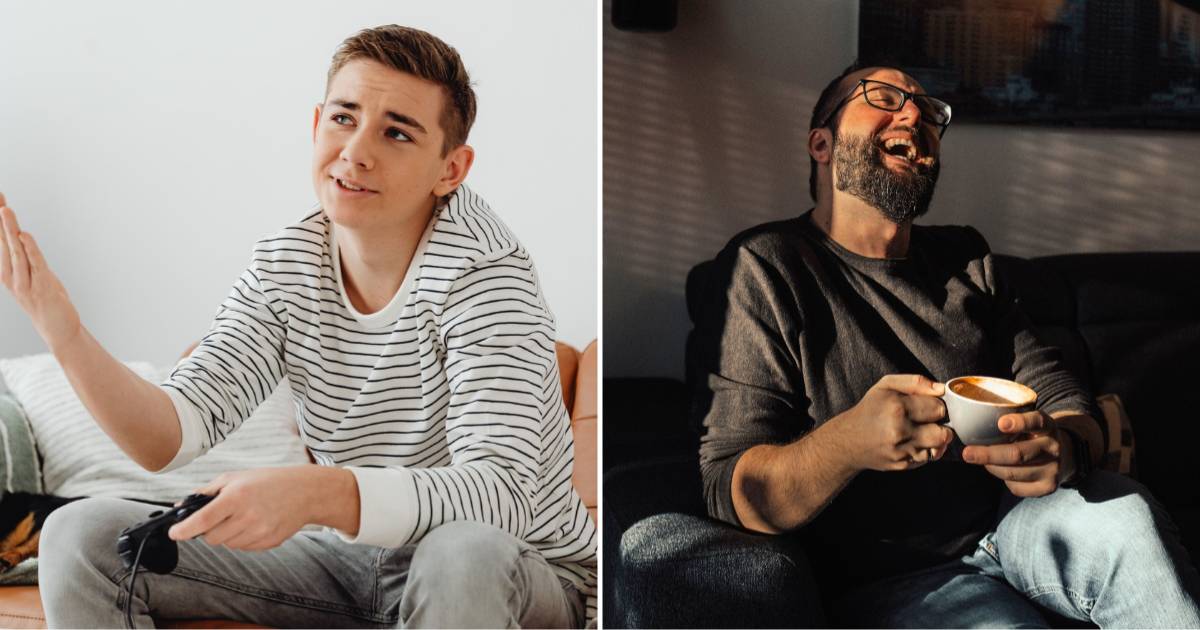 (L) A teenage boy at home seeming to ask a question. (R) A man cracking up in laughter while having coffee. (Representative Cover Image Source: Pexels | (L)Kaboompics, (R) Tasso Mitsarakis)