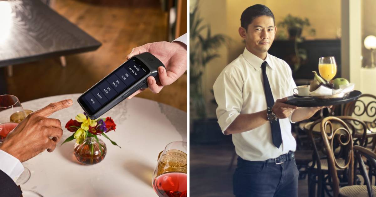Customer selecting tip on machine. (R) Male server. (Representative Cover Image Source: Pexels | (L) SpotOn POS, (R) Andrea Piacquadio)
