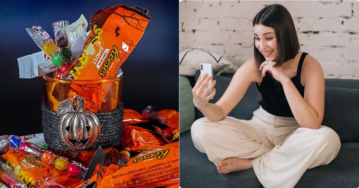 (L) Candy left out for trick-or-treating. (R) A woman looks excited as she looks at her phone. (Representative Cover Image Source: Pexels| L - Perfect Lens, R - Tima Miroshnichenko)