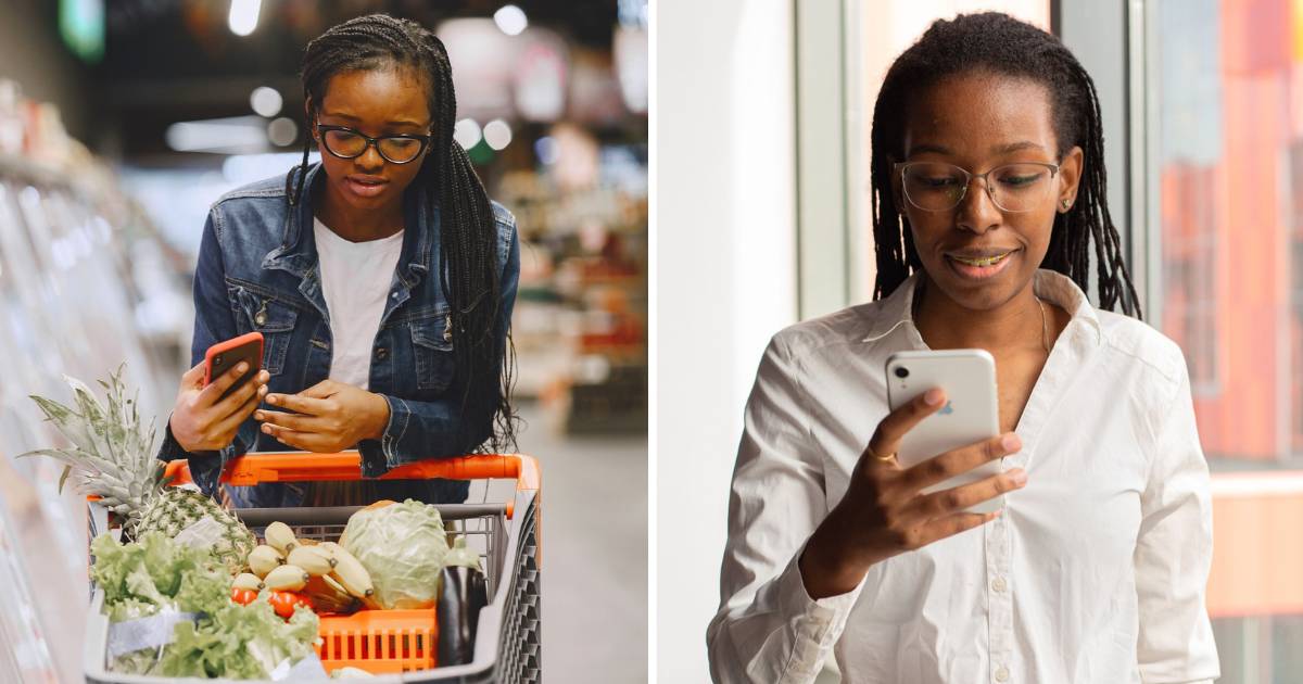 (L) Worried woman grocery shopping. (R) Happy woman looking at phone. (Representative Cover Image Source: Pexels | (L) Gustavo Fring, (R) Monstera Production)
