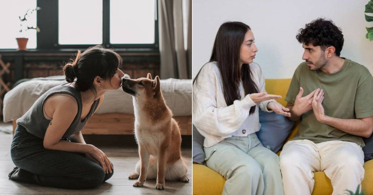 (L) A woman showing affection to her dog. (R) A couple having an argument. (Representative Cover Image Source: L - Pexels| Vlada Karpovich), R - Getty Images| Manu Vega)