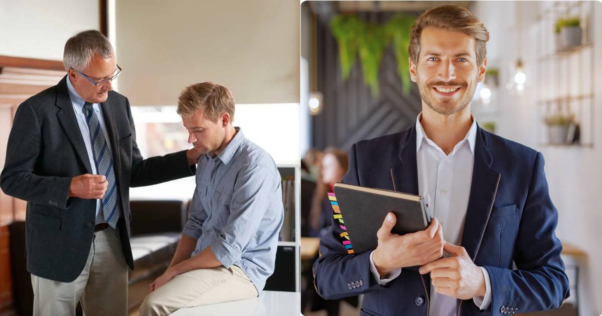 (L) A professor speaking to a distressed student. (R) A man in a suit smiling. (Representative Cover Image Source: L - Getty Images| People Images, R - Pexels| Mikhail Nilov)