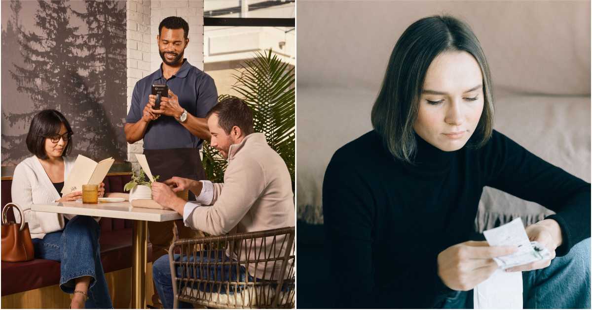 (L) A couple at a restaurant. (R) A woman going through a restaurant bill. (Representative Cover Image Source: Pexels| L - Spot on POS, R - Nataliya Voitkevich)