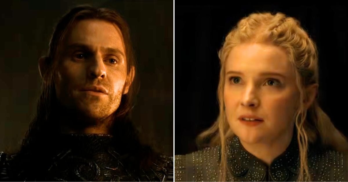 Charlie Vickers as Sauron (L) and Morfydd Clark as Galadriel (R) from 'The Lord of the Rings: The Rings of Power' (Image Source: YouTube | Prime Video AU & NZ)