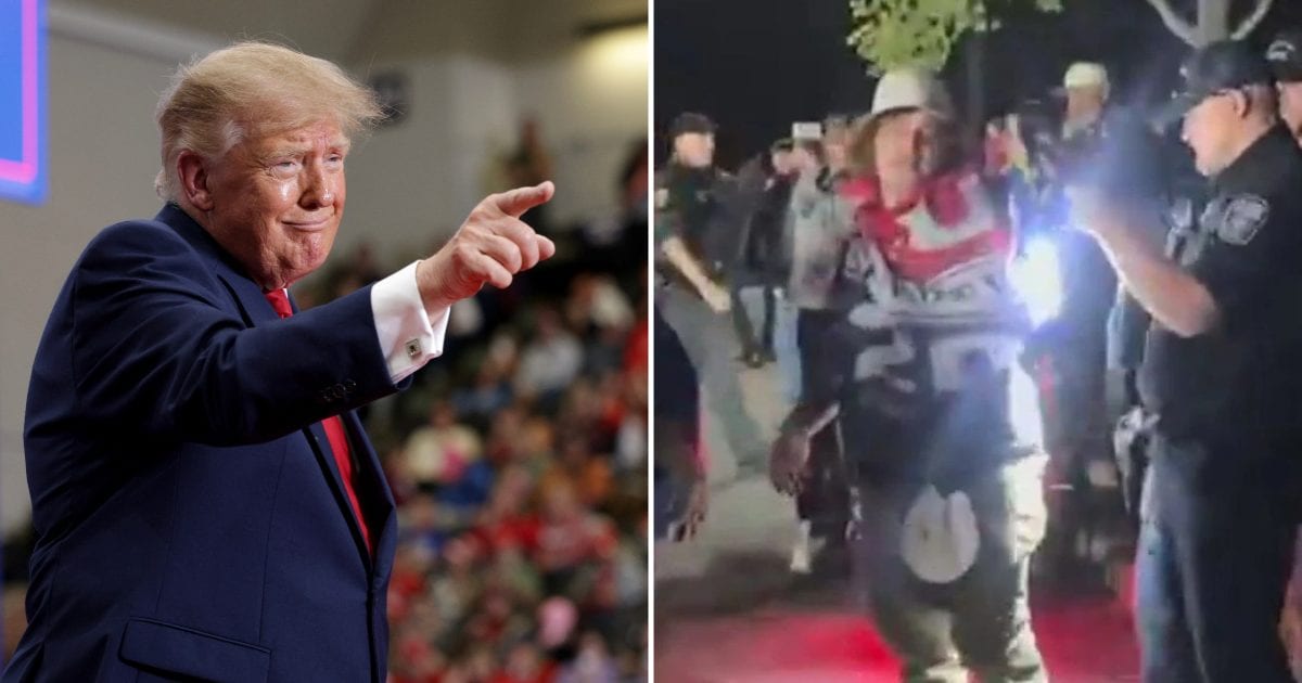 A viral video claims to show a supporter of President Donald Trump being stabbed by a liberal protester (Getty Images, @DerekMyers/X)