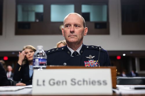 Lt. Gen. Douglas A. Schiess looks on before the start of a Senate Armed Services Committee nomination hearing on Capitol Hill on July 16, 2026, in Washington, DC. (Image Source: Anna Moneymaker/Getty Images)