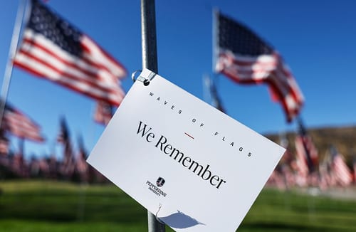 MALIBU, CALIFORNIA - SEPTEMBER 10: American flags fly among a display of nearly 3,000 flags honoring lives lost during the September 11th terrorist attacks at Pepperdine University on September 10, 2026 in Malibu, California. Tomorrow marks the 25th anniversary of the September 11 terrorist attacks on the World Trade Center and the Pentagon, as well as the crash of United Airlines Flight 93 in Pennsylvania. (Photo by Mario Tama/Getty Images)