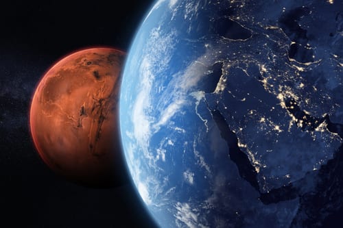 Earth and Mars planets. Middle East at night viewed from space. Colonization of Mars. Mars mission concept. Planets of the Solar system. Night Earth planet. This image elements furnished by NASA. ______ Url(s):
https://science.nasa.gov/resource/viking-1-orbiter-partial-image-of-mars/
https://svs.gsfc.nasa.gov/30028#media_group_346239
https://neo.gsfc.nasa.gov/archive/blackmarble/media/
https://neo.gsfc.nasa.gov/archive/bluemarble/
https://neo.gsfc.nasa.gov/archive/bluemarble/cloud.E.2001210.21600x21600.png
Adobe Photoshop CC 2023. Optical Flare. Adobe After Effects CC 2021. 3ds Max 2016