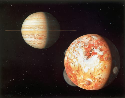 Paintings of the planet Jupiter and its largest moon, Io. (Photo by © CORBIS/Corbis via Getty Images)