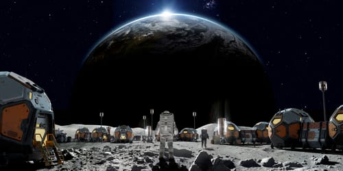 Rear view of an astronaut near some foreground rocks walking into their lunar base camp made from group of linked habitation pods, solar panels and equipment. With dramatic sunrise over earth.