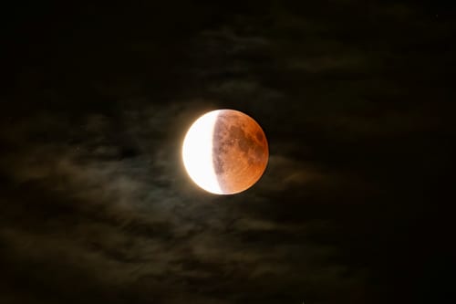 Lunar eclipse close-up in a cloudy night
