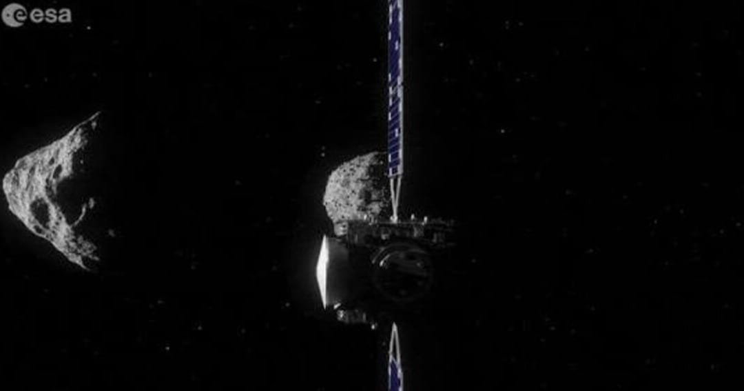 Hera spacecraft approaching Dimorphos (C) during its mission to study the Didymos (L) binary asteroid system. (Cover Image Source: ESA)