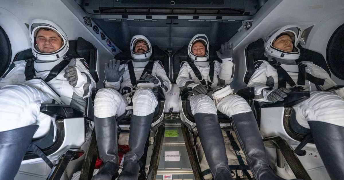 Crew-12 astronauts (from left) Andrey Fedyaev, Jack Hathaway, Jessica Meir and Sophie Adenot inside the SpaceX Dragon spacecraft. (Cover Image Source: NASA)