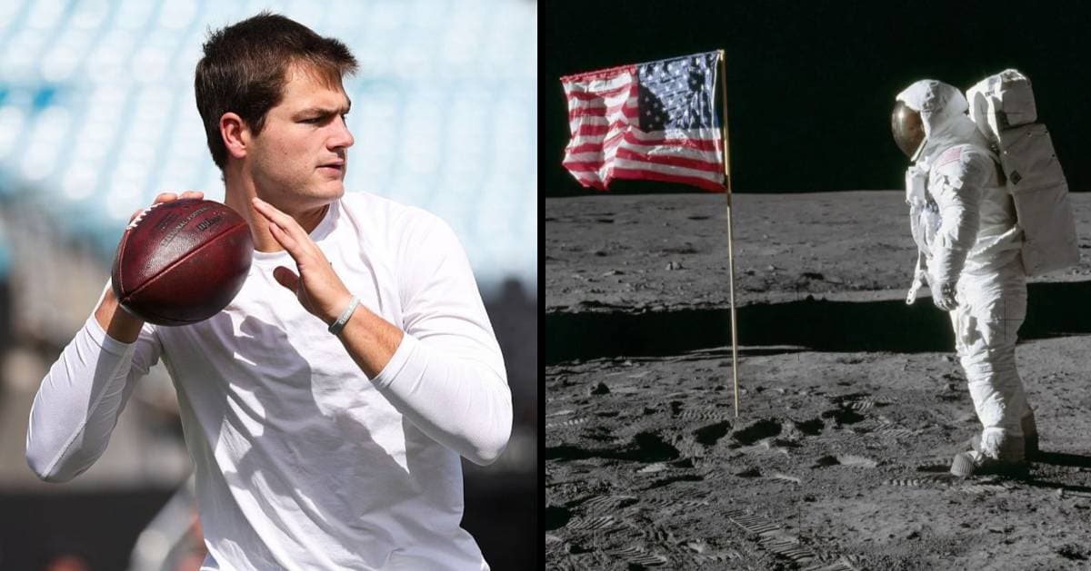 Drake Maye warms up prior to an NFL football game against the Jacksonville Jaguars on September 27, 2026 in Jacksonville, Florida (L); Apollo 11 astronaut Buzz Aldrin photographed on the Moon (R). (Cover Image Source: Getty-Logan Bowles/NASA)