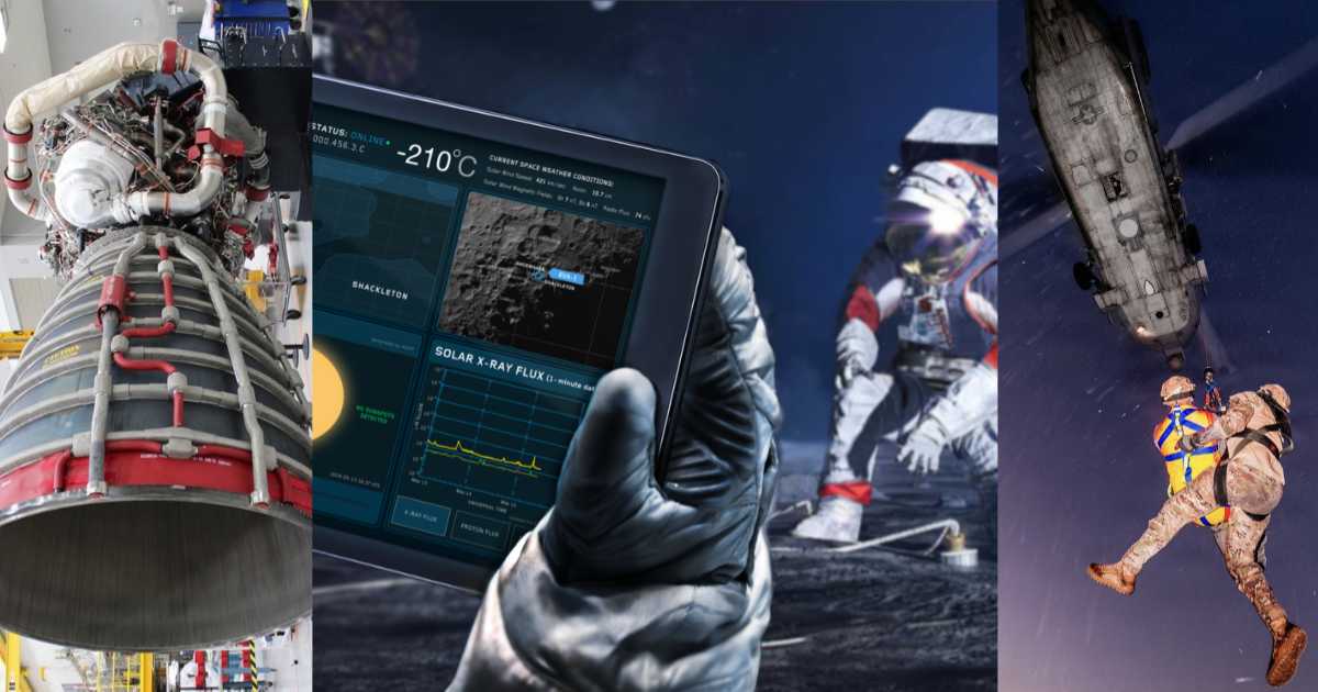 (from left) RS-25 engine to be used for Artemis IV; Illustration of astronaut using a tablet on the Moon; Artemis III astronaut is hoisted up as a part of training. (Cover Image Source: NASA)
