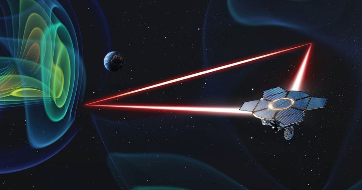 Artist's concept of LISA spacecraft connected via lasers at a distance of 1.6 million miles. (Representative Cover Image Source: ESA)