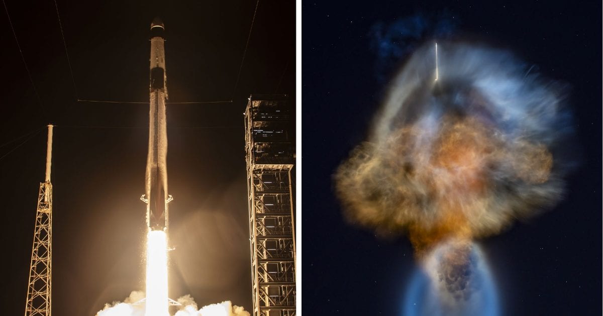 The Falcon 9 rocket lifts off on CRS-35 mission from Cape Canaveral, Florida (L); The 'space jellyfish' created by the rocket's exhaust plume in the early morning sky (R). (Cover Image Source: SpaceX)